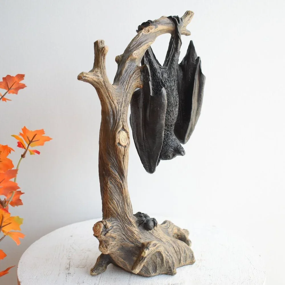 Ashland Resin Black Bat Hanging From Branch Rustic Witchy Gothic Halloween Decor